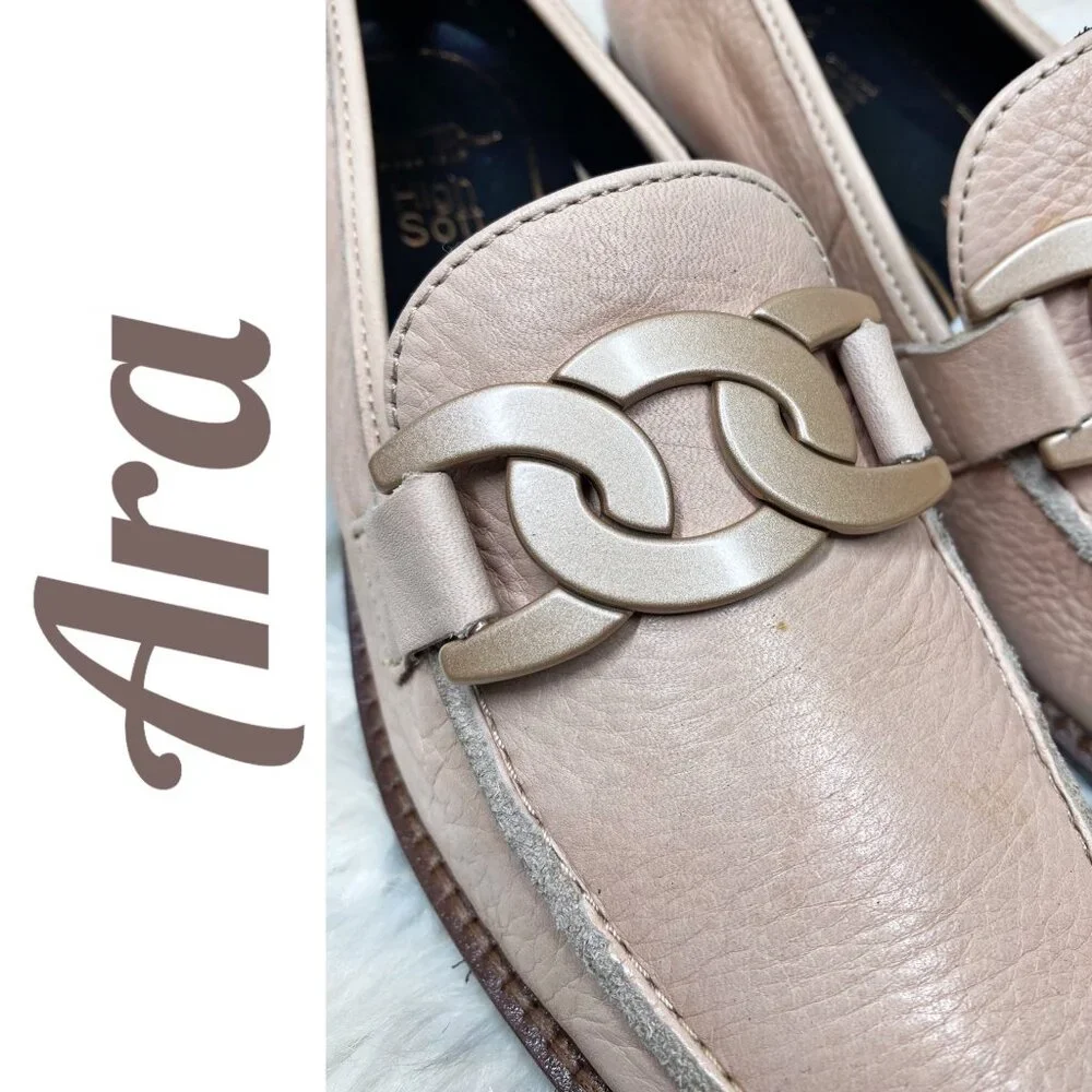 ARA KAELIN LEATHER BLUSH PINK CHAIN LINK LOAFER‎ ACADEMIA PREPPY, SIZE 6.5